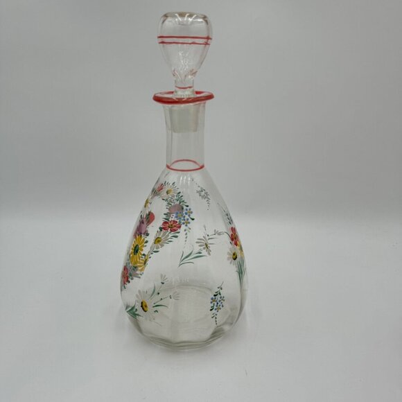 Hand-painted wine bottle, decanter, one liter, red border Stopper vintage chic b - Picture 6 of 13